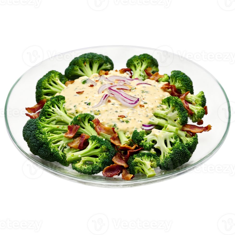Broccoli and bacon salad with blanched broccoli florets crispy bacon bits and red onion tossed png