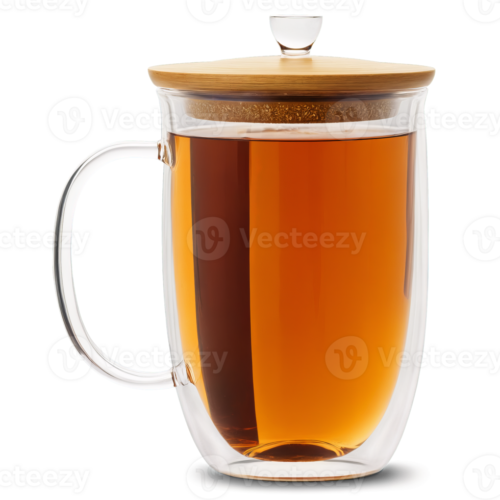 Sleek double walled glass tea mug with a bamboo lid filled with a refreshing peach png