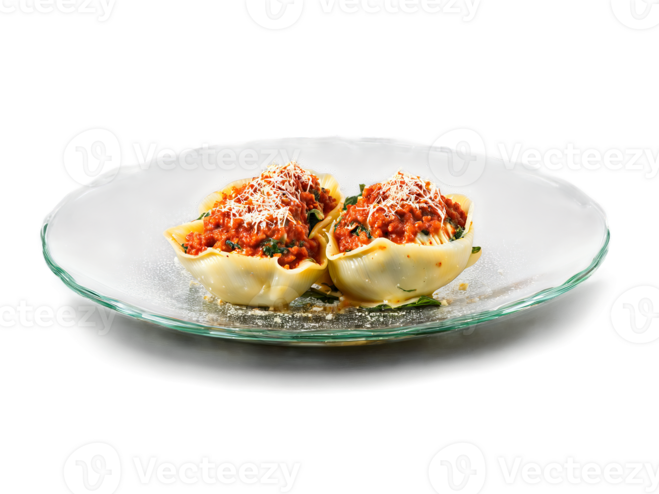 Vegetarian spinach and ricotta stuffed shells with tomato sauce served on a transparent glass dish png