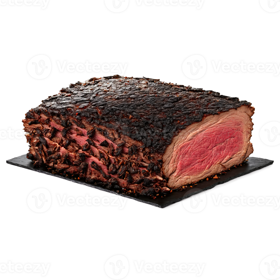 Beef brisket with dark bark sliced floating and steaming Food and culinary concept png