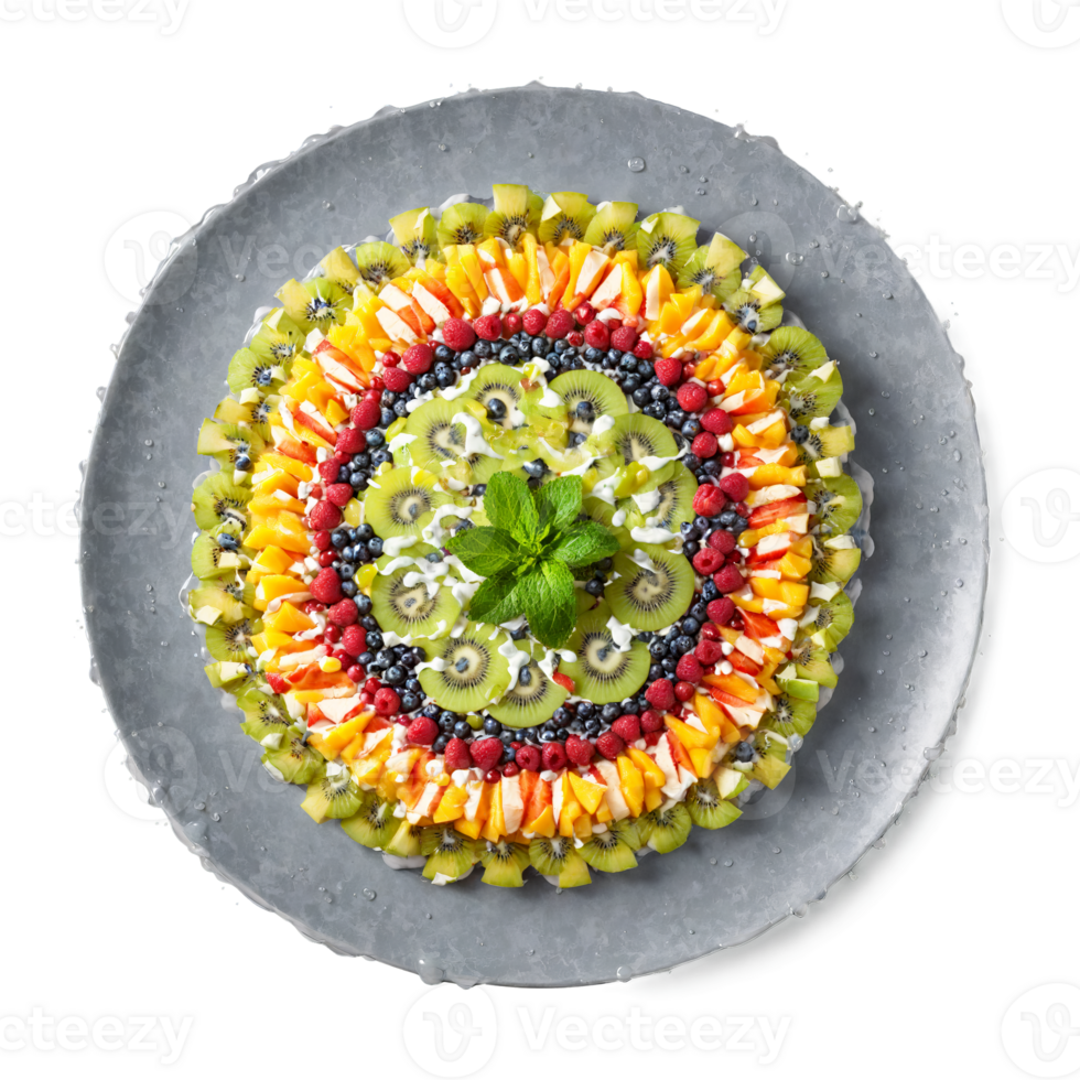 Fruit salad mandala a circular design of colorful fruit salad with juices splashing and mint png