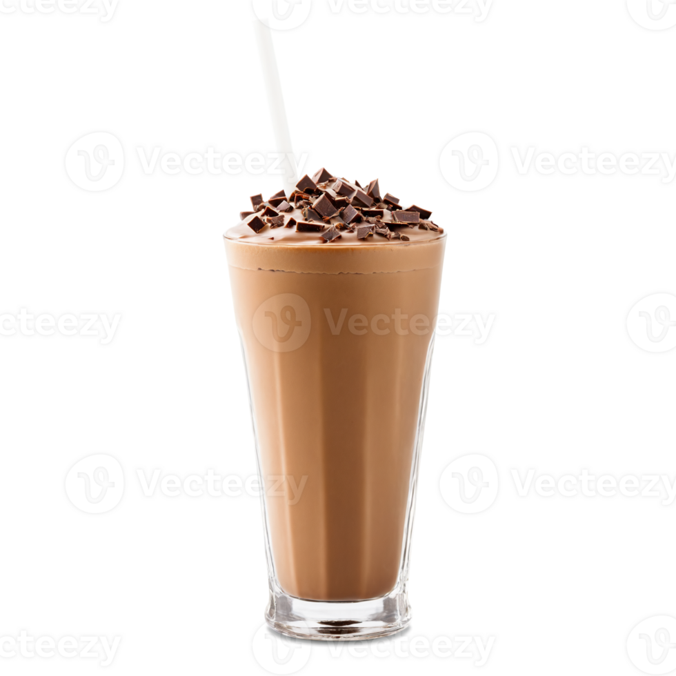 Iced chocolate milkshake in a sleek transparent glass cup with chocolate shavings and a straw png