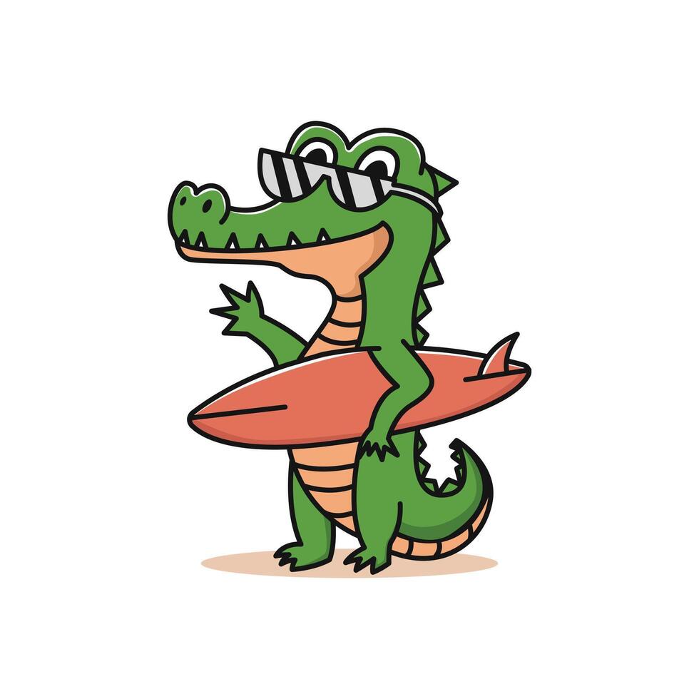 cartoon crocodile mascot with surfboard and glasses vector