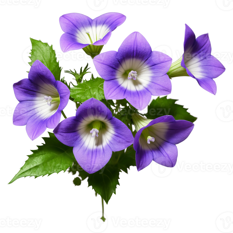 Purple campanula bell shaped flowers with five lobes white center Campanula medium png