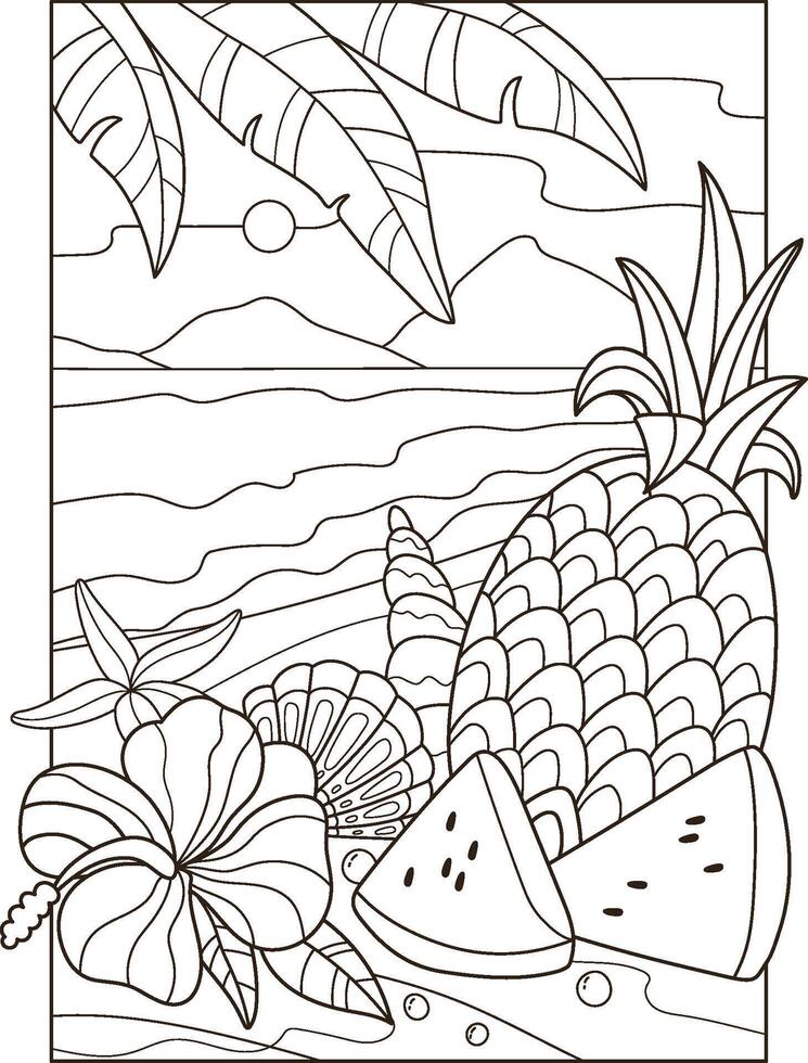 Fruits on the beach sand. Coloring page. Coloring book page for adult. vector
