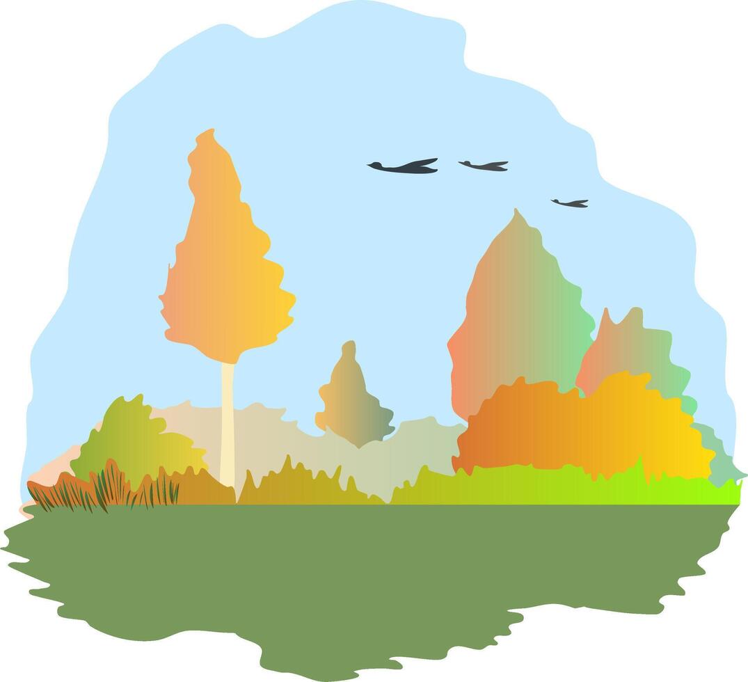 Fisherman on a boat sailing on a small lake. Autumn weather outside and yellow and orange colors prevail. illustration A piece of autumn nature with a pond and an old man in a boat. Fisherman vector