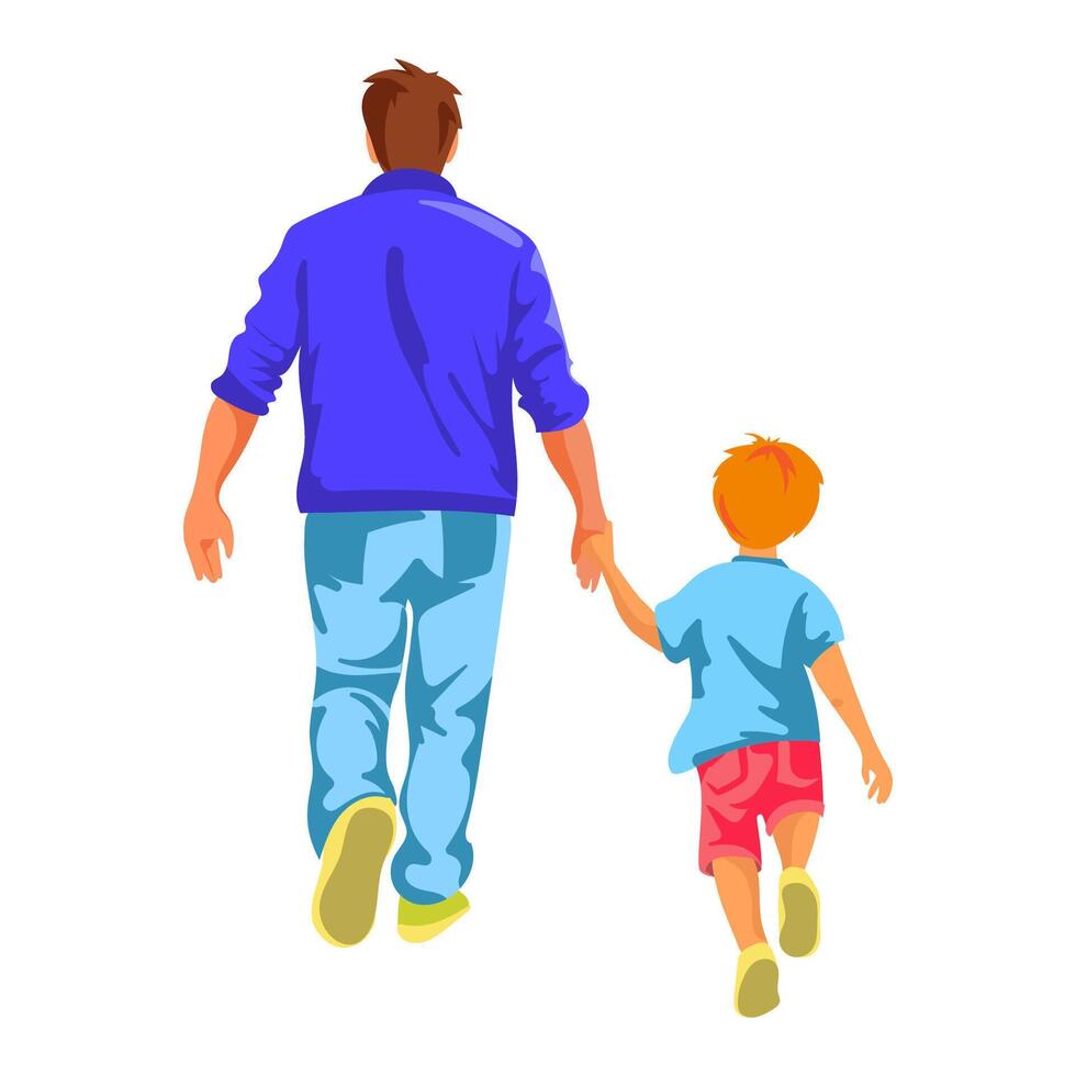 Father and little son walking together holding hand back view. isolated illustration.Fatherhood illustration with Dad and child holding hands.Happy Father's Day vector