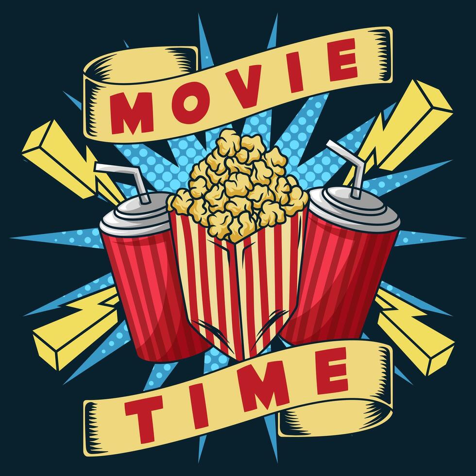 illustration of movie time with popcorn and drink in full color great for poster, banner, print vector