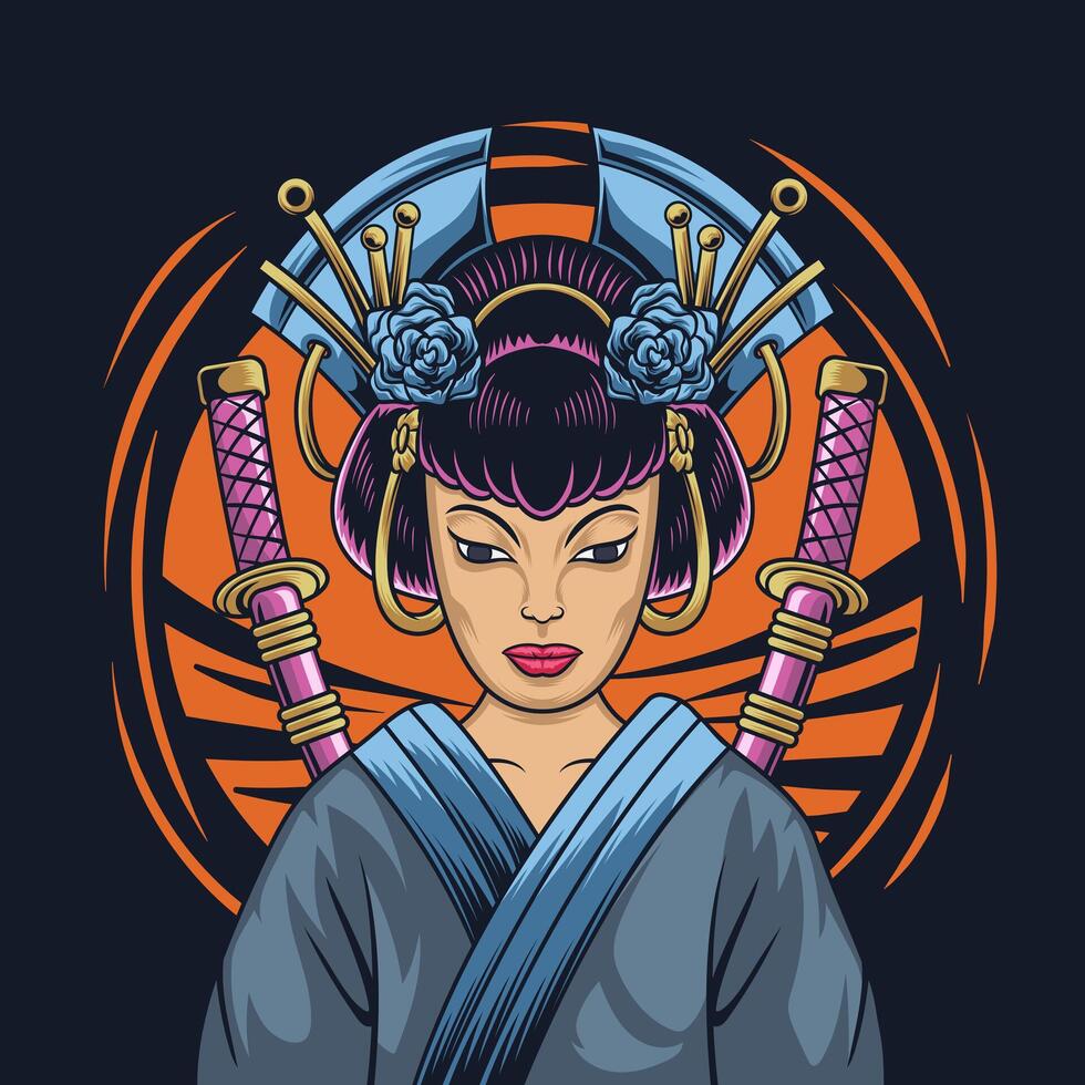 illustration of a geisha wearing two katanas suitable for print design, t-shirt design, Japanese artwork vector