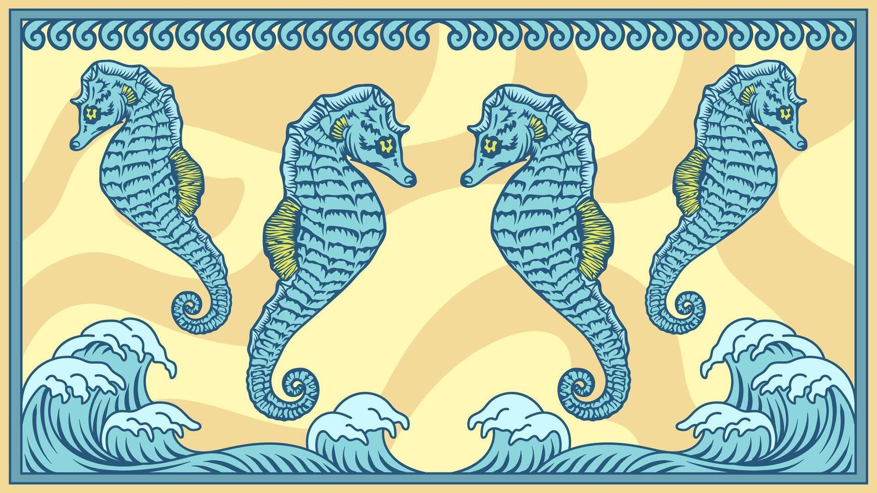 hand drawn illustration of a seahorse with wave ornament great for wallpaper, print, textile, pattern, background vector