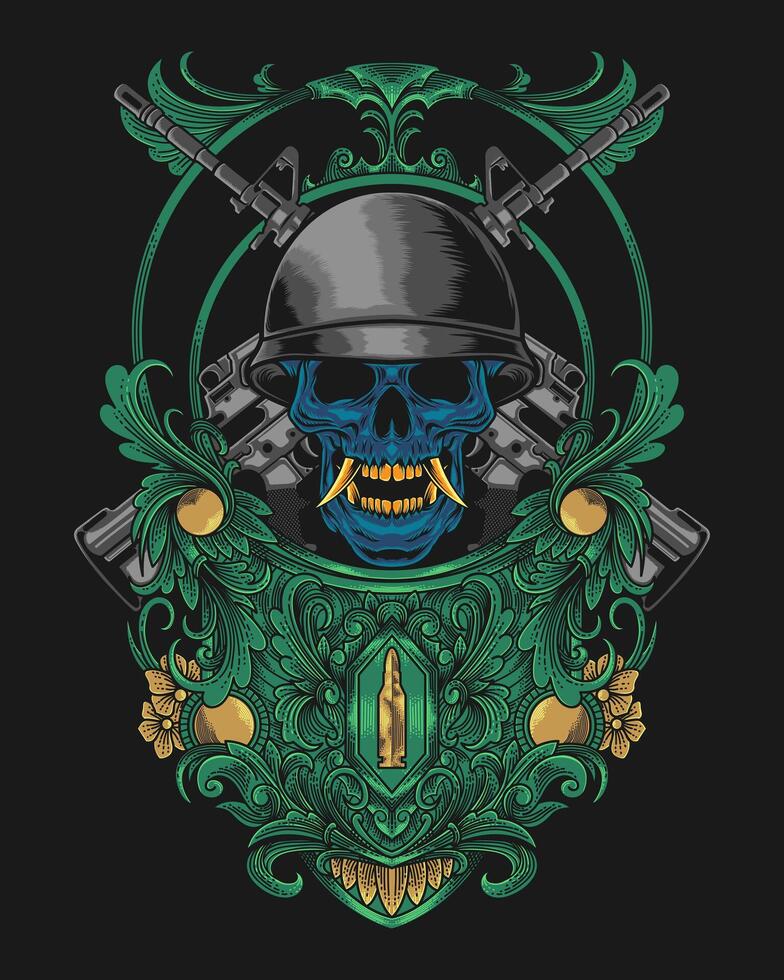 illustration of military skeleton with m4 rifle and ornament in engraving style suitable for costume tee vector