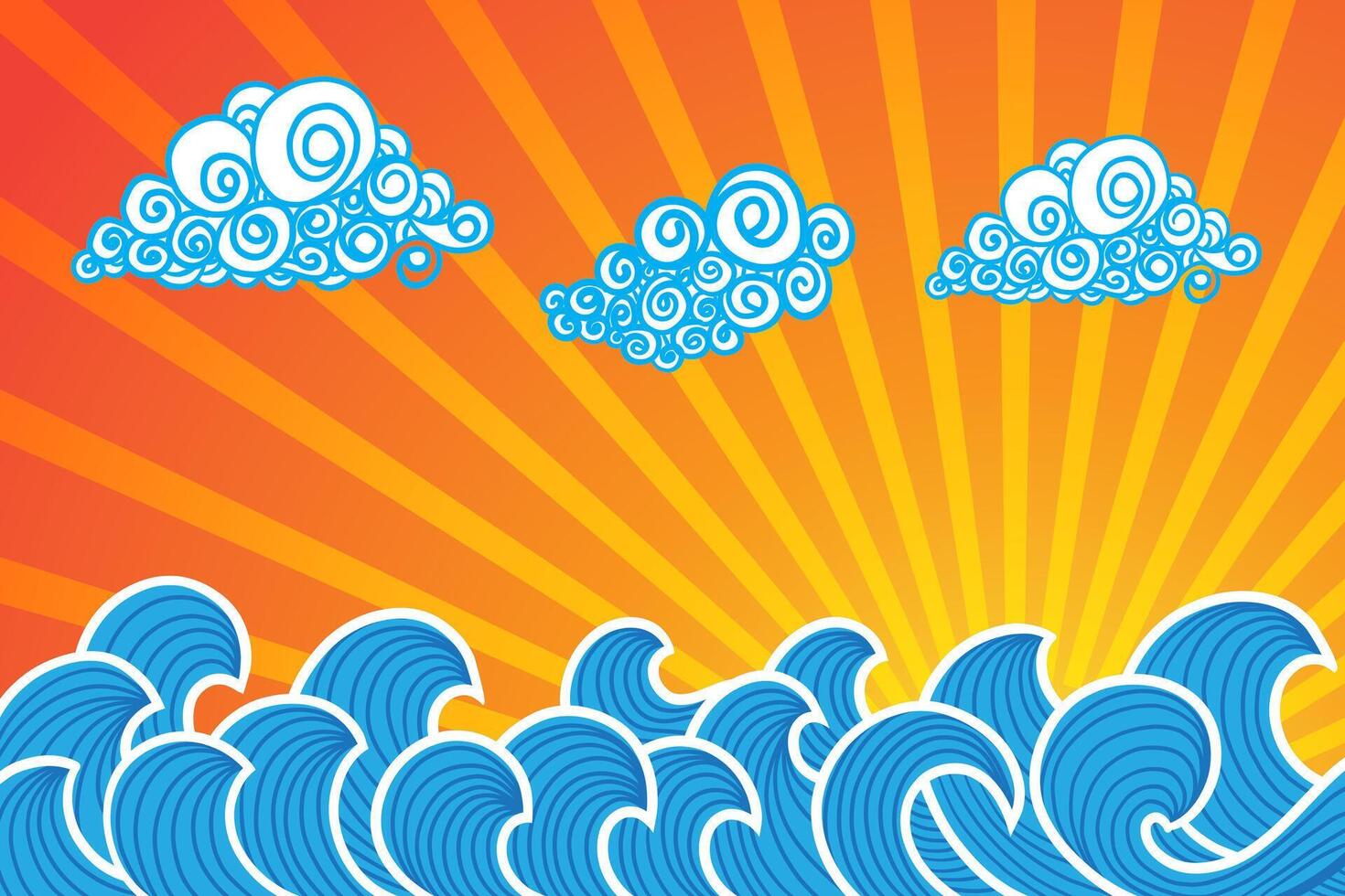 Hand drawn sun, cloud and sea waves background vector