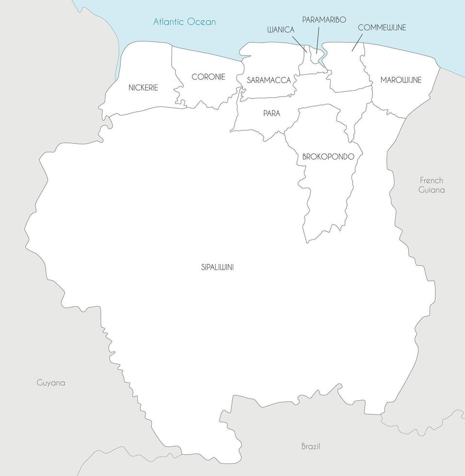 map of Suriname with districts and administrative divisions, and neighbouring countries. Editable and clearly labeled layers. vector