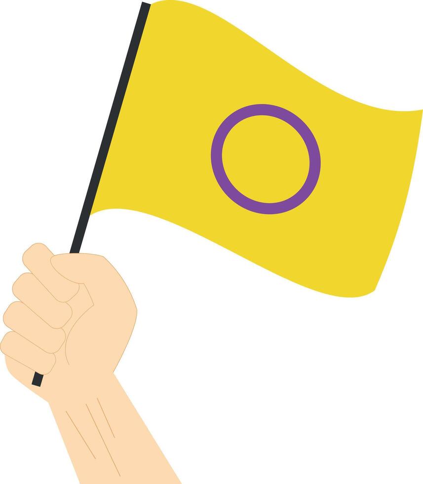 Hand holding and raising Intersex pride flag isolated on white background vector