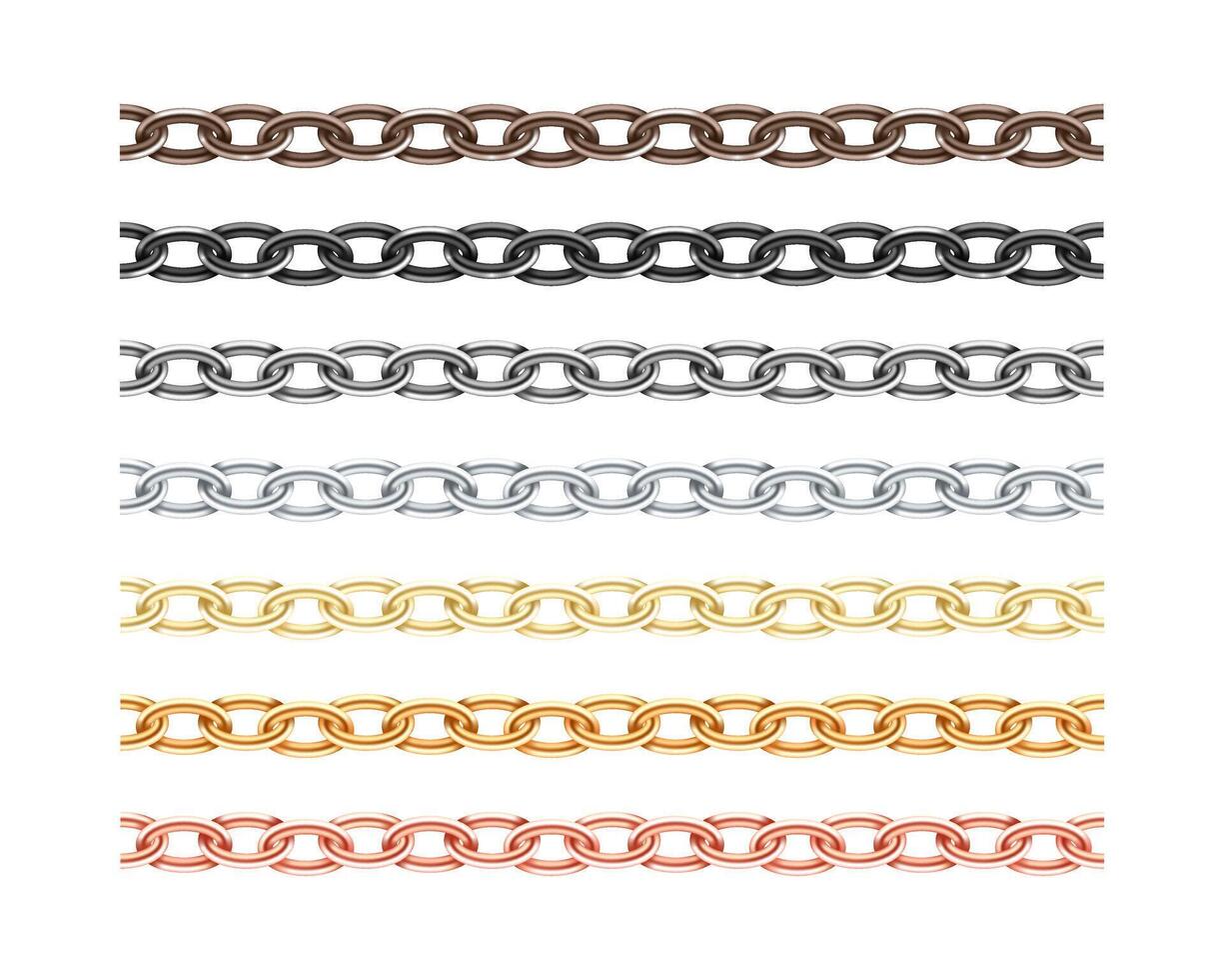 Big collection different metal chain seamless texture. Silver, gold, platinum, iron, copper color chains link set isolated on white background. vector