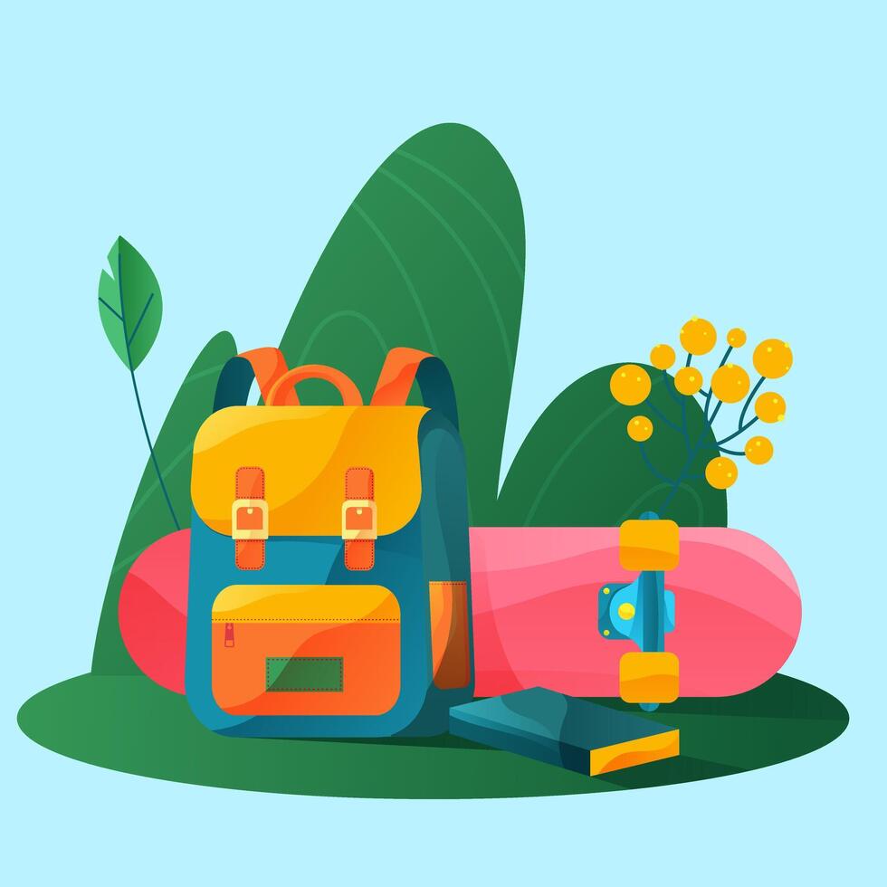 happy back to school gradient illustration featuring a backpack, a skateboard, and a book vector