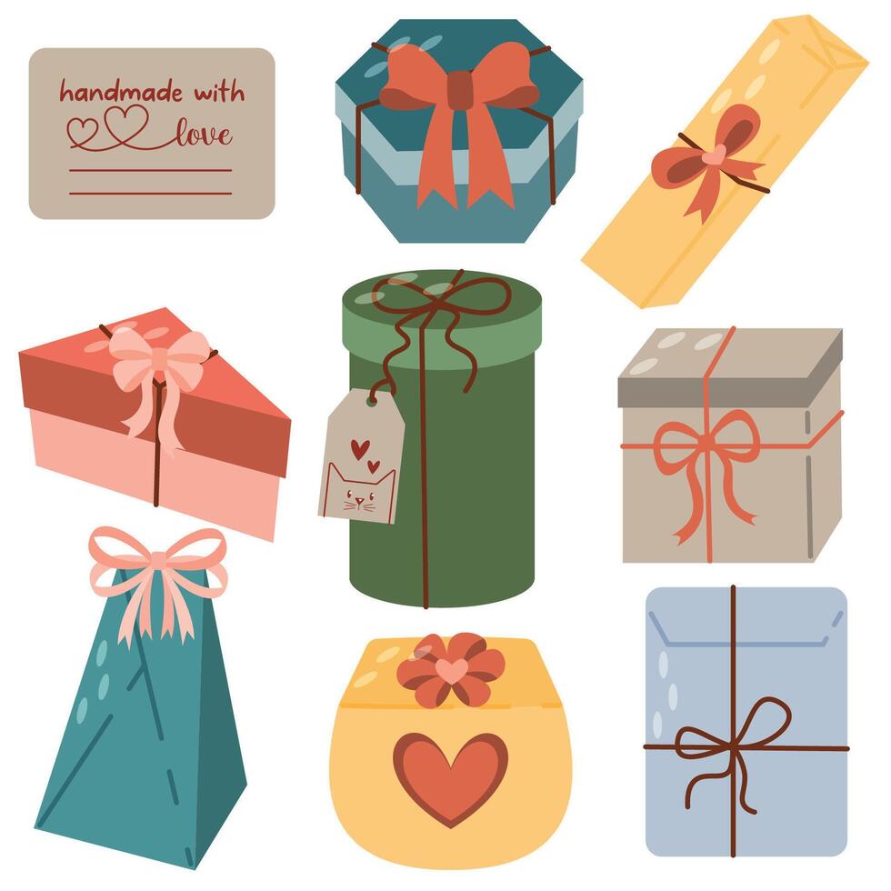 A set of gift wrapping boxes of different shapes. Birthday. Gifts in wrapping paper with ribbons and bows vector