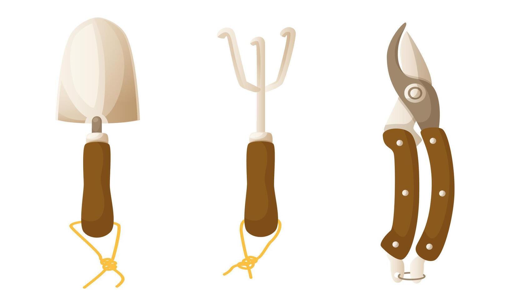 Set of hand garden tools, spatula, rake, pruning shears with wooden handle. Gardening tools, tools for performing agricultural work. Cartoon illustration on white background. vector