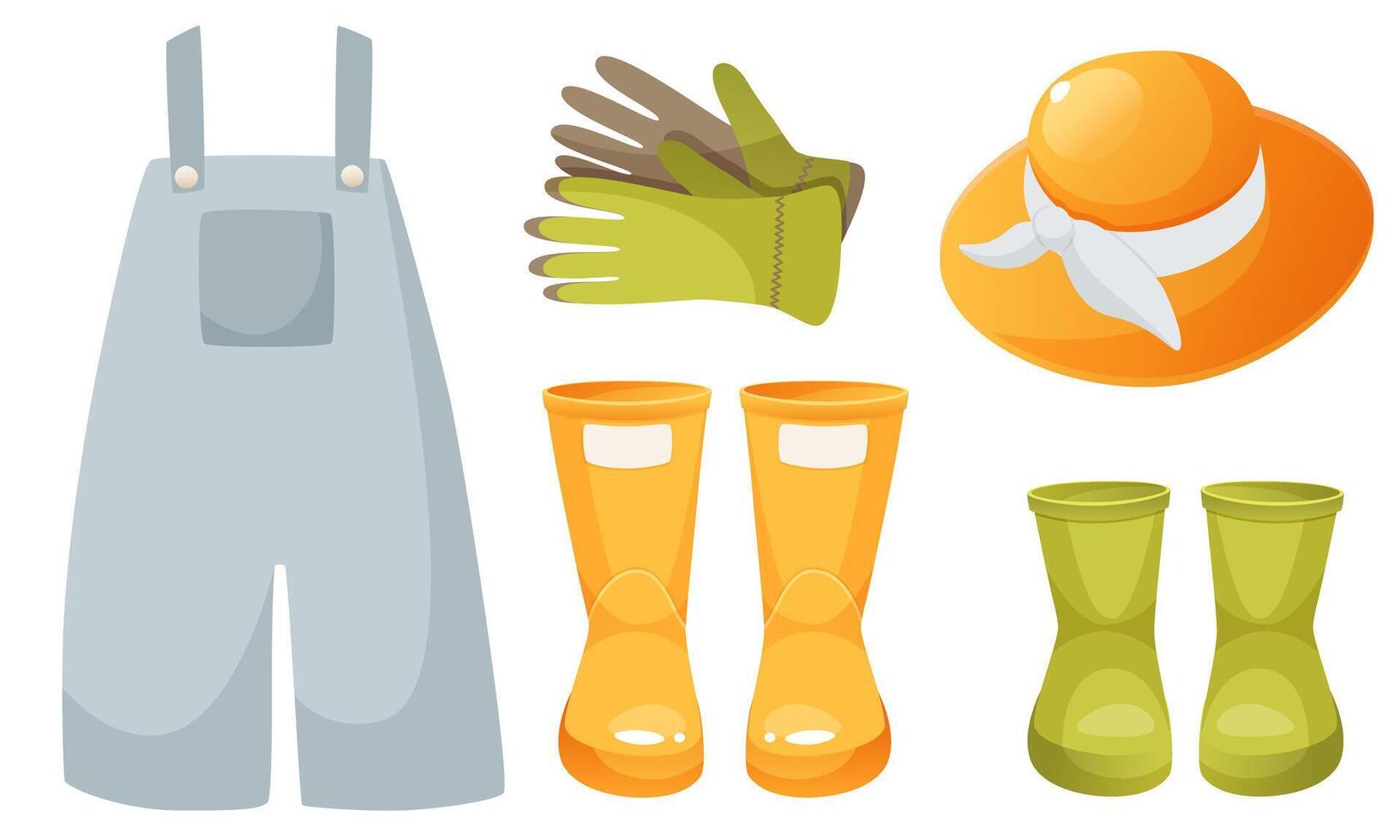 A set of colorful gardening clothes, clothes for a farmer. Denim overalls, rubber boots, gloves, hat. illustration of stylish protective clothing for agriculture vector
