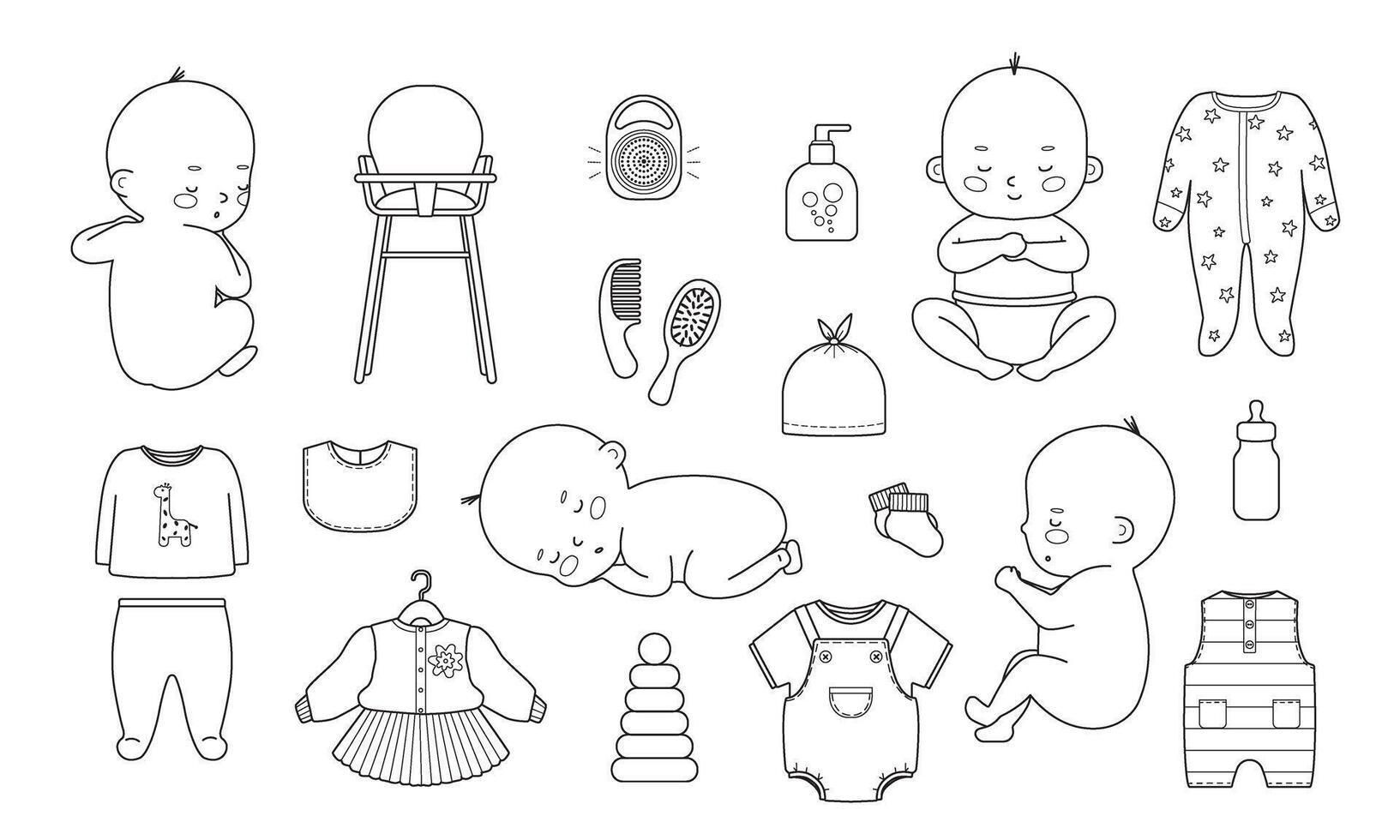 Set of newborn icons. Collection with children and baby items and toys in hand drawn doodle outline style. illustration for design. vector