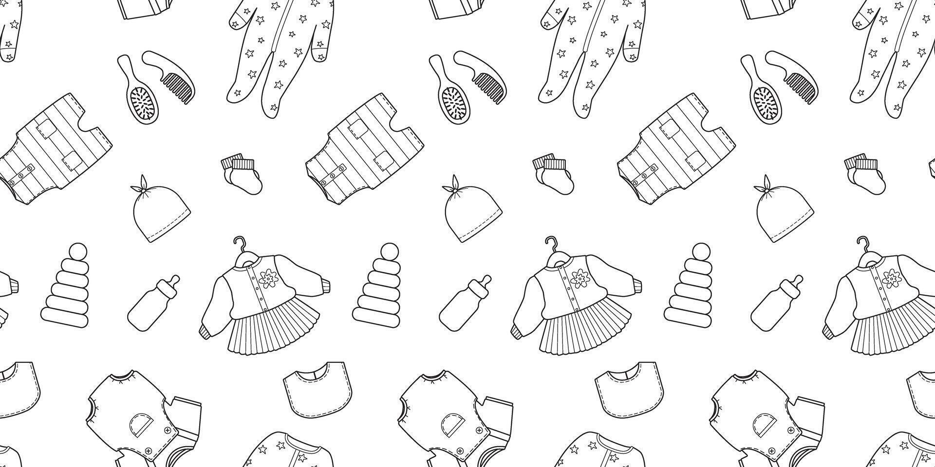 Horizontal seamless pattern with doodle outline of baby clothes and newborn accessories. Minimalistic illustration of the background for the website vector