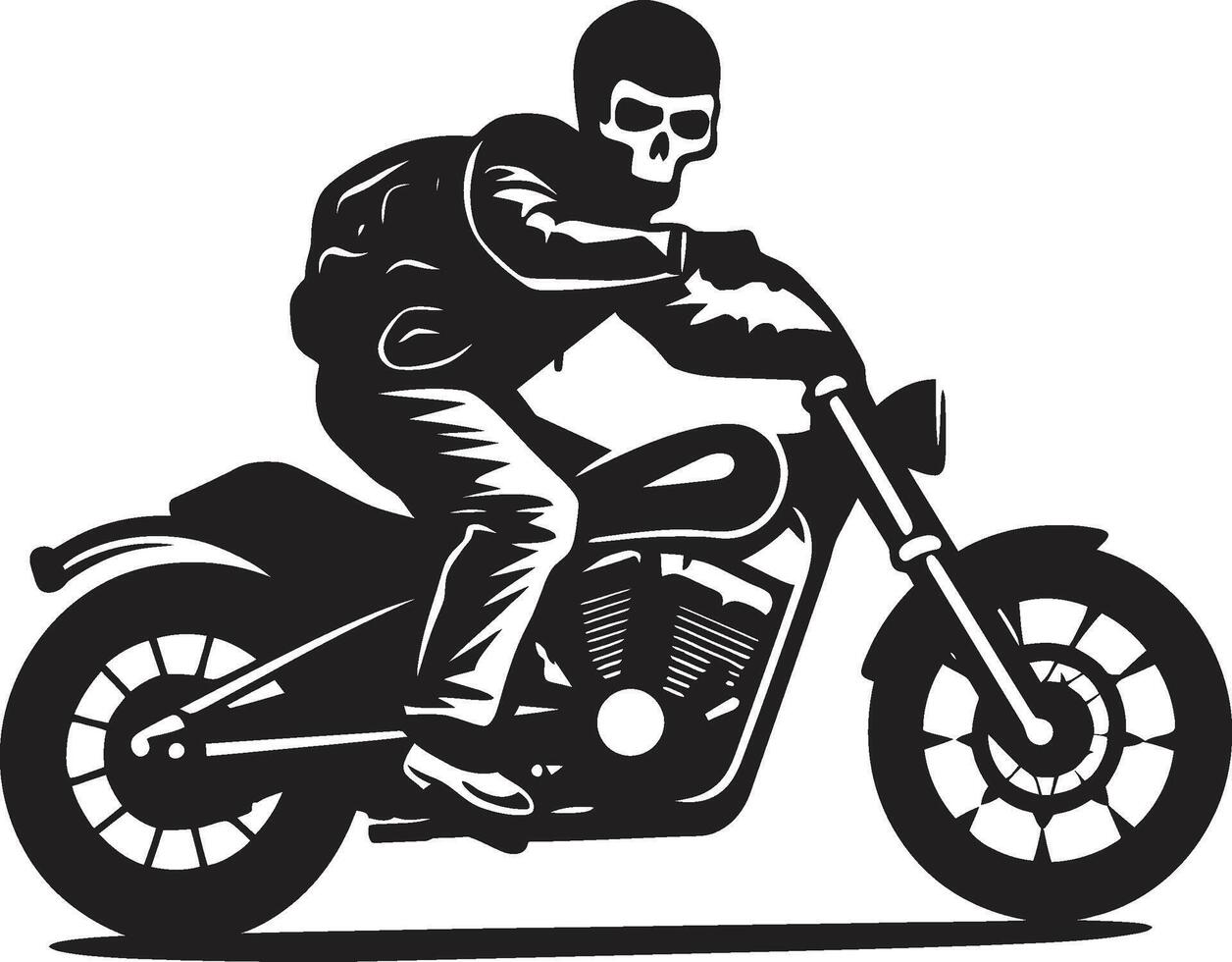 Deaths Drive Grim Skeleton Biker Emblem in Leather Jacket Bone Biker Leather Clad Skeleton Motorcyclist in Black vector
