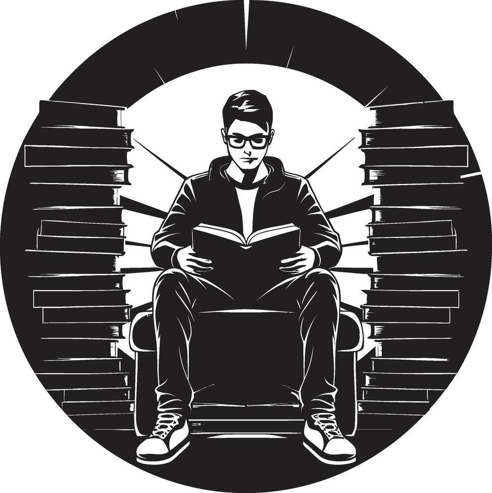 Study Sanctuary Student Enveloped by Books Bookish Bliss Student Lost in Books Emblem vector