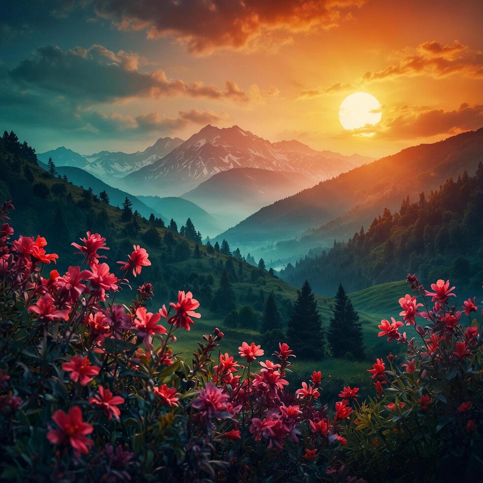 sun rising behind mountain and have many flowers photo