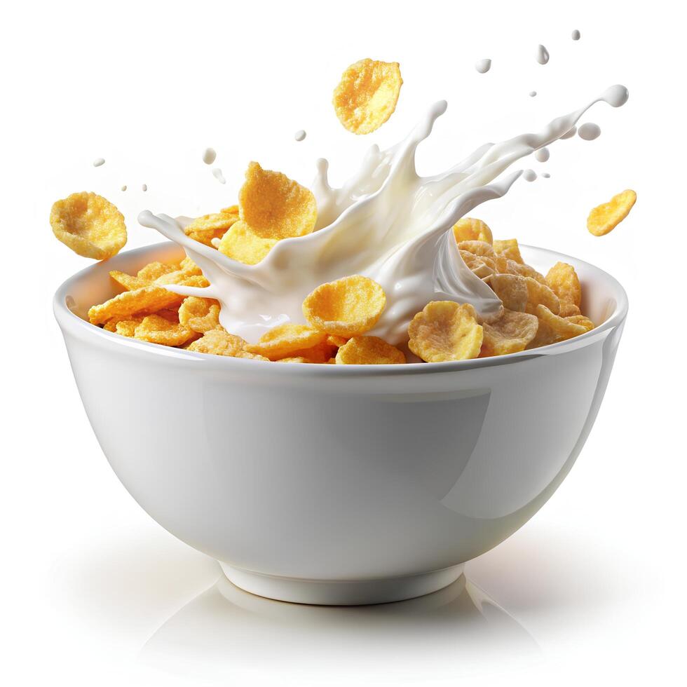 a bowl of cornflakes with milk splashing into it photo