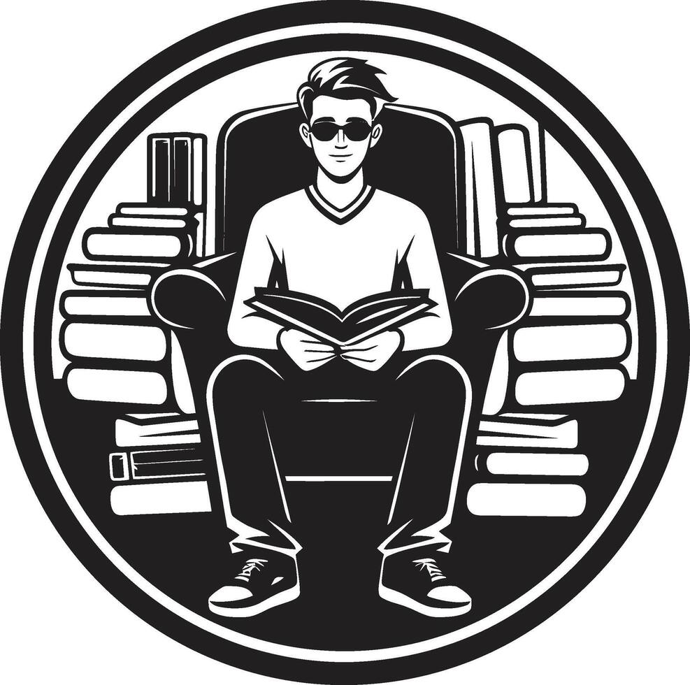 Bookish Oasis Student Sitting Among Books Emblem Literary Retreat Student in Chair with Books vector