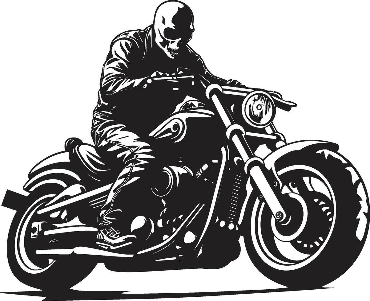 Ghostly Glide Grim Skeleton Biker in Leather Jacket Phantom Cruiser Motorcycle Skeleton in Black vector