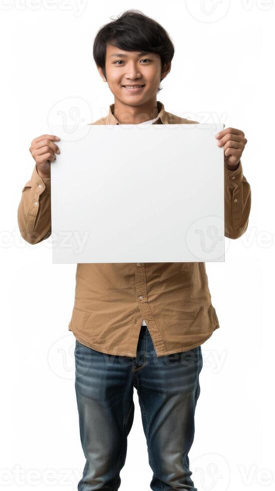 A Chinese male teenager with a smile holds a blank white board photo