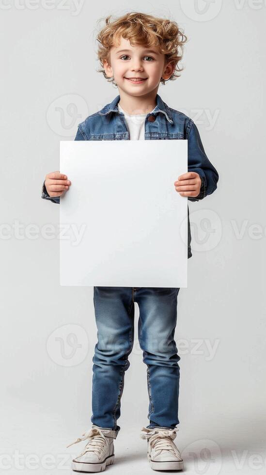 Smiling little boy holding a blank white board in his hands photo