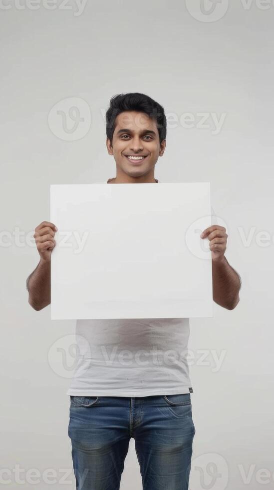 A smiling Indian man holds a white signboard in his hands photo