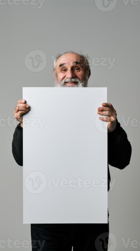 A mature man with a beard holds up a blank white sign photo