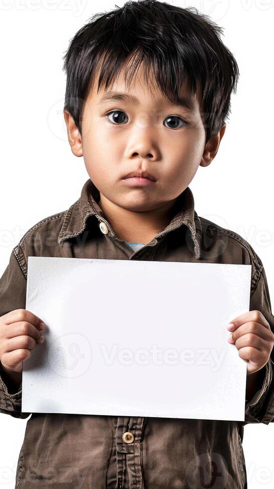 A young Chinese boy holds up a blank white sign with curiosity and innocence photo