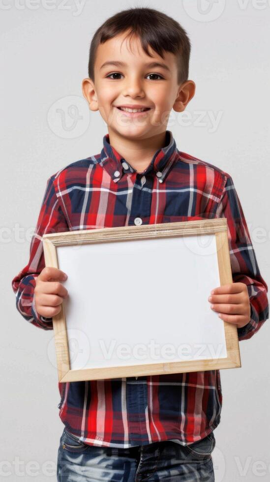 A young boy with a Latin smile holds a white board in his hands photo