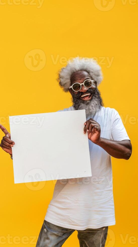 A bearded man with glasses holds a blank sign photo