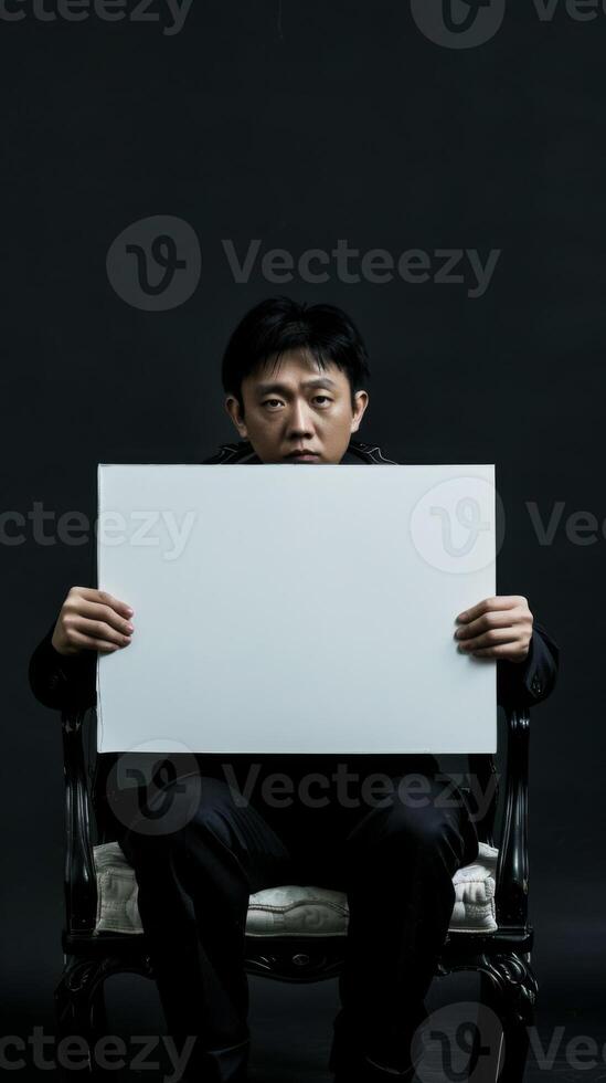 A Chinese man sits in a chair, solemnly holding a blank white sign photo