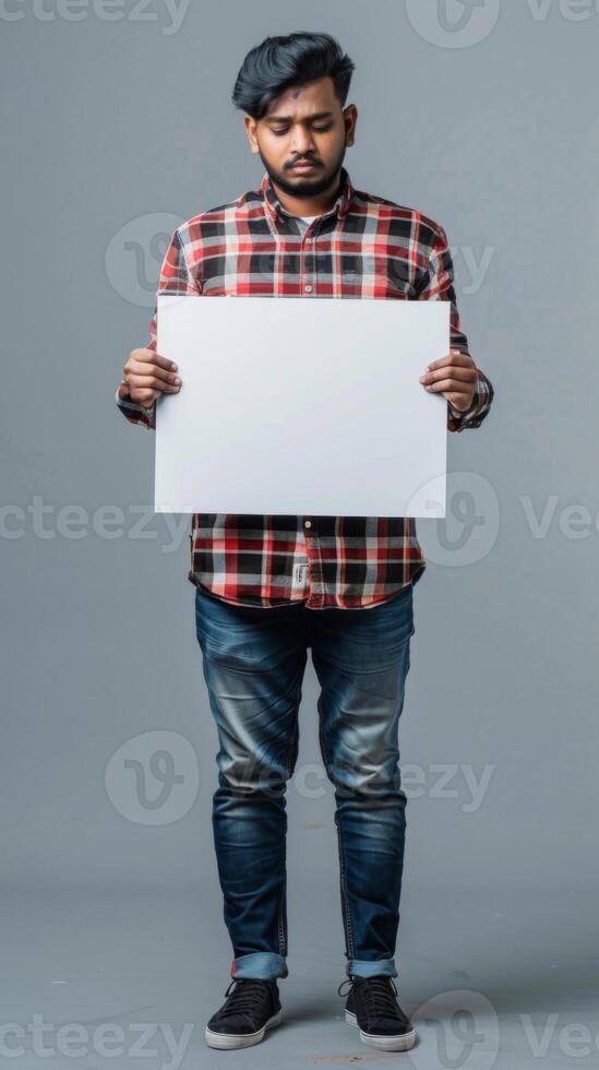 A mature Indian man holds a blank white board in his hands, pondering ideas photo