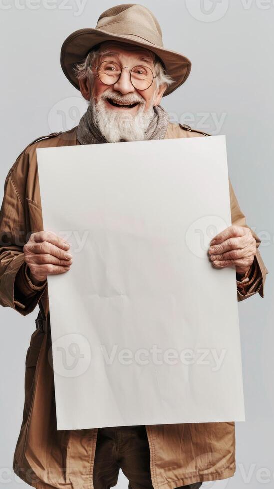 An elderly man with a long beard joyfully holds a blank sign photo