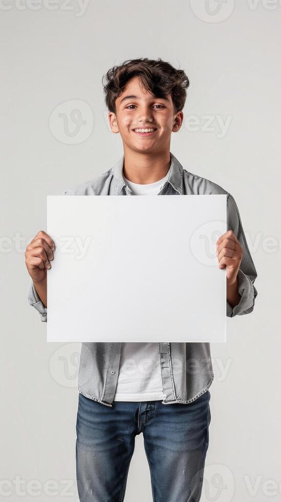 A young man confidently holds a white sign in his hands, ready to make a statement photo