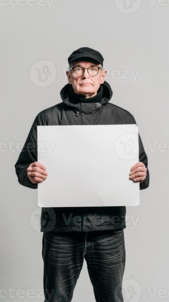 A mysterious old man in a black jacket holds a blank white sign photo