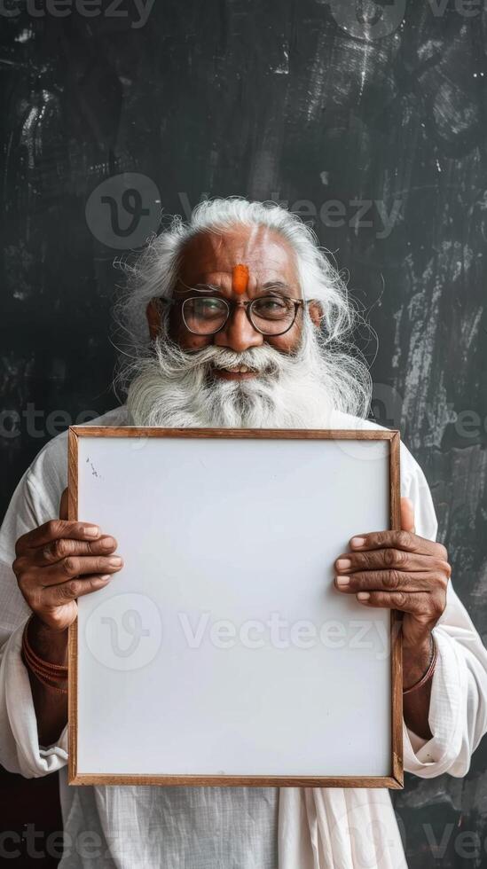 An elderly Indian man smiling, holding a blank white board in front of a blackboard photo