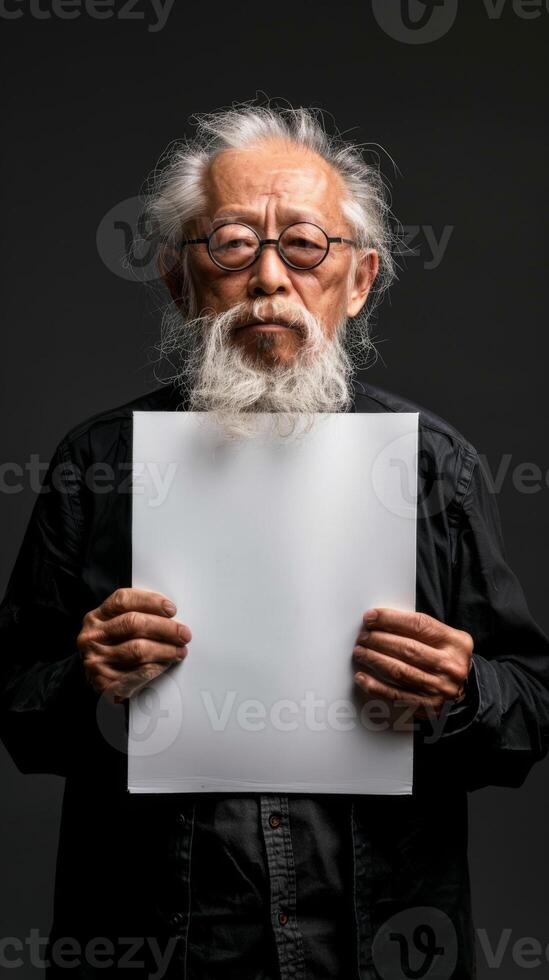 A Chinese old man stands solemnly, holding a white blank sheet of paper photo