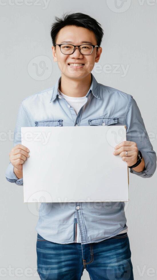 A charismatic man in glasses confidently holds a blank white sign photo