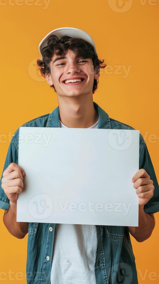 Young man smiling, holding up a blank white sign photo