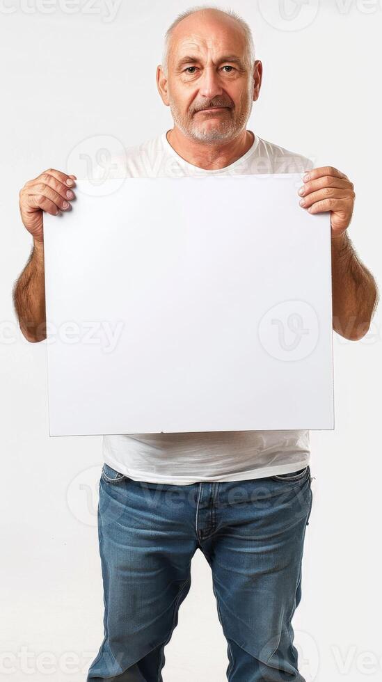 Mature man with a blank white board in hand photo