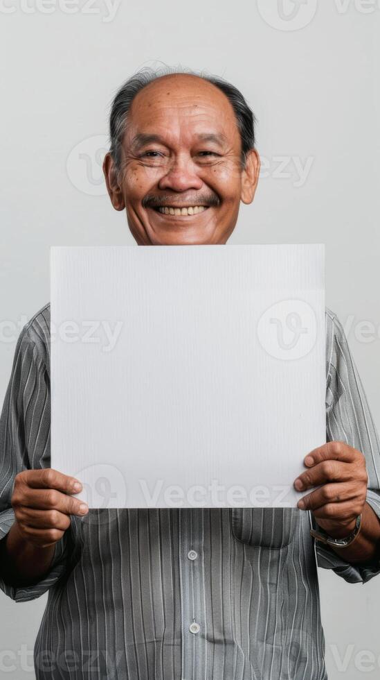 A mature man in Thailand smiles while holding up a blank white sheet of paper photo