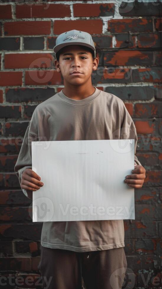 A boy holds a sign in front of a brick wall photo
